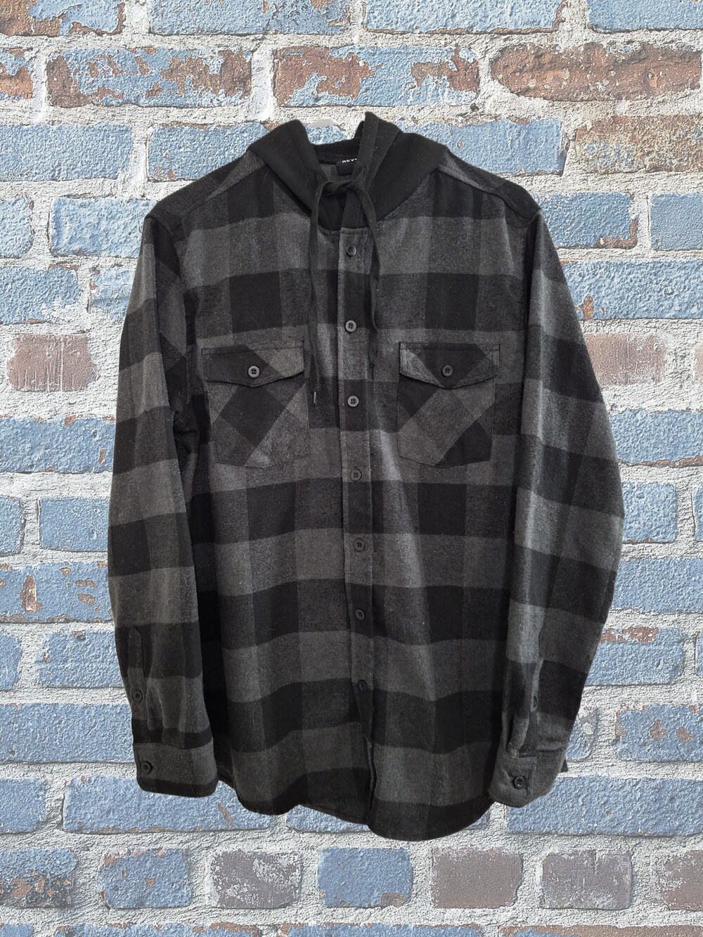 Revess Flannel Feel Large Hoodie Button-down Men's Shirt Black and Gray